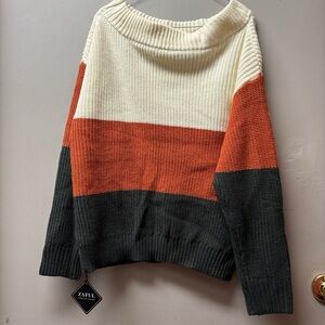 Zaful Off-Shoulder Colorblock Knit Sweater - Cream, Orange, Dark Gray